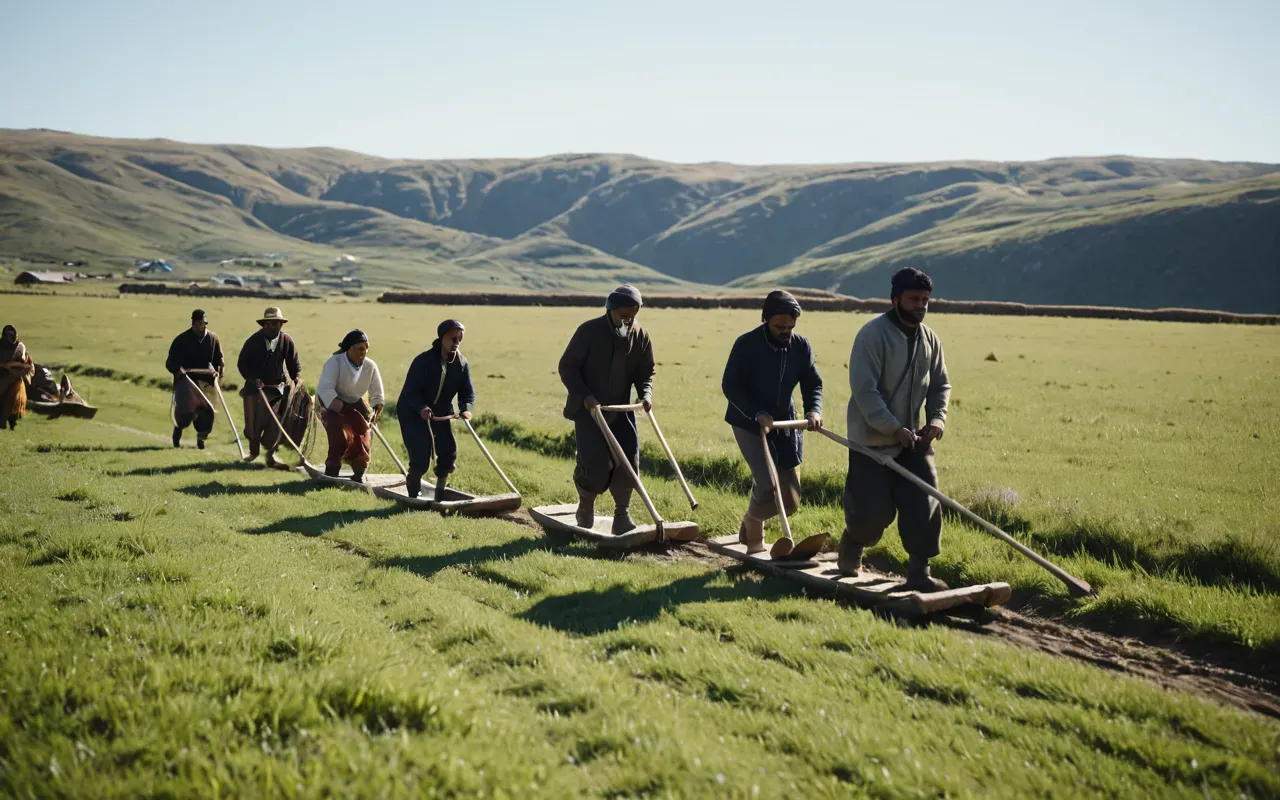 wooden sledge A group of people in simple clothing pulling a heavy wooden sledge with ropes across flat grassy terrain under a bright clear sky.