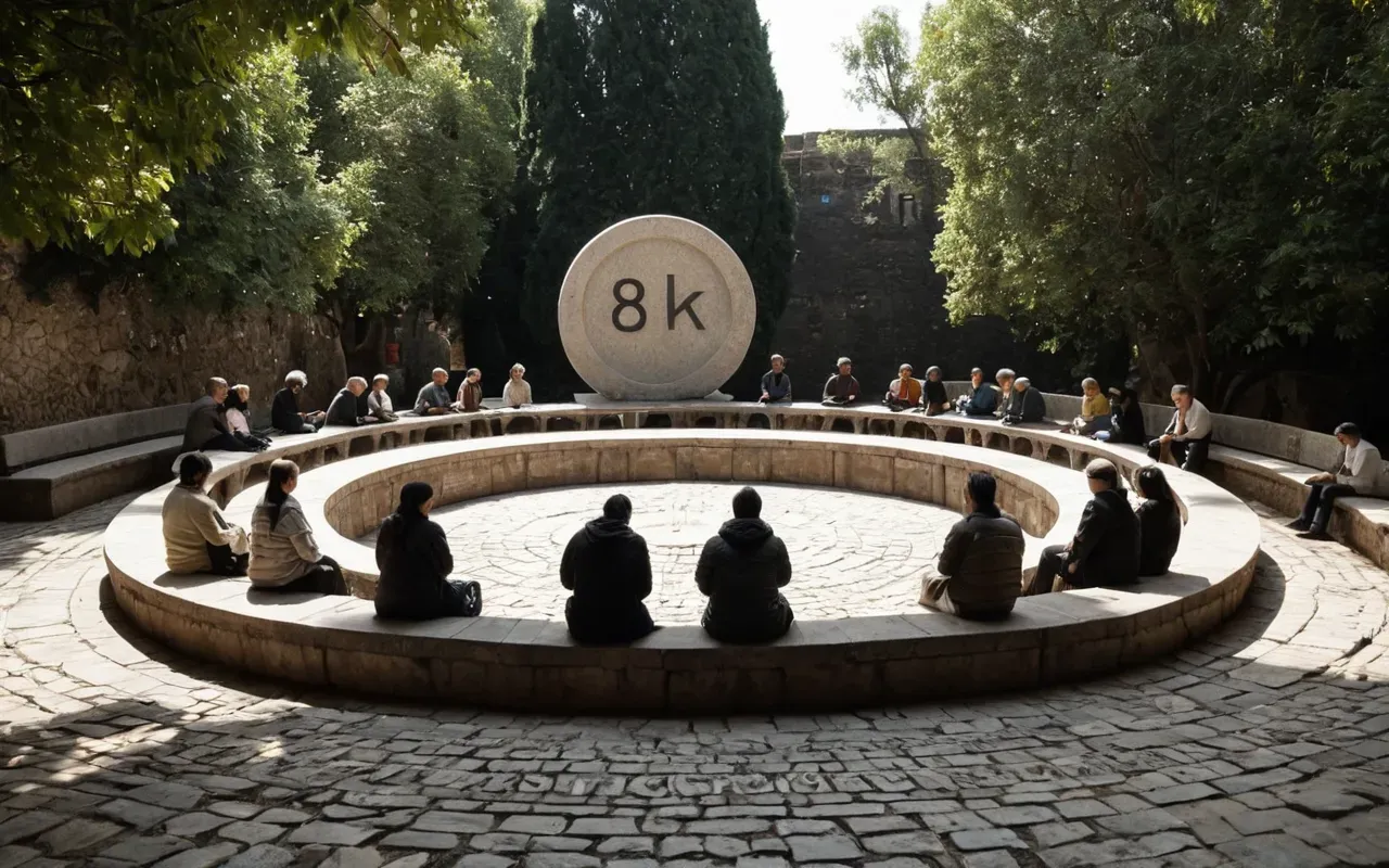 community gathering scene A group of people sitting on curved stone benches in a circular arrangement. They are facing a central point where a large sculpture stands. The mood is contemplative and unified.