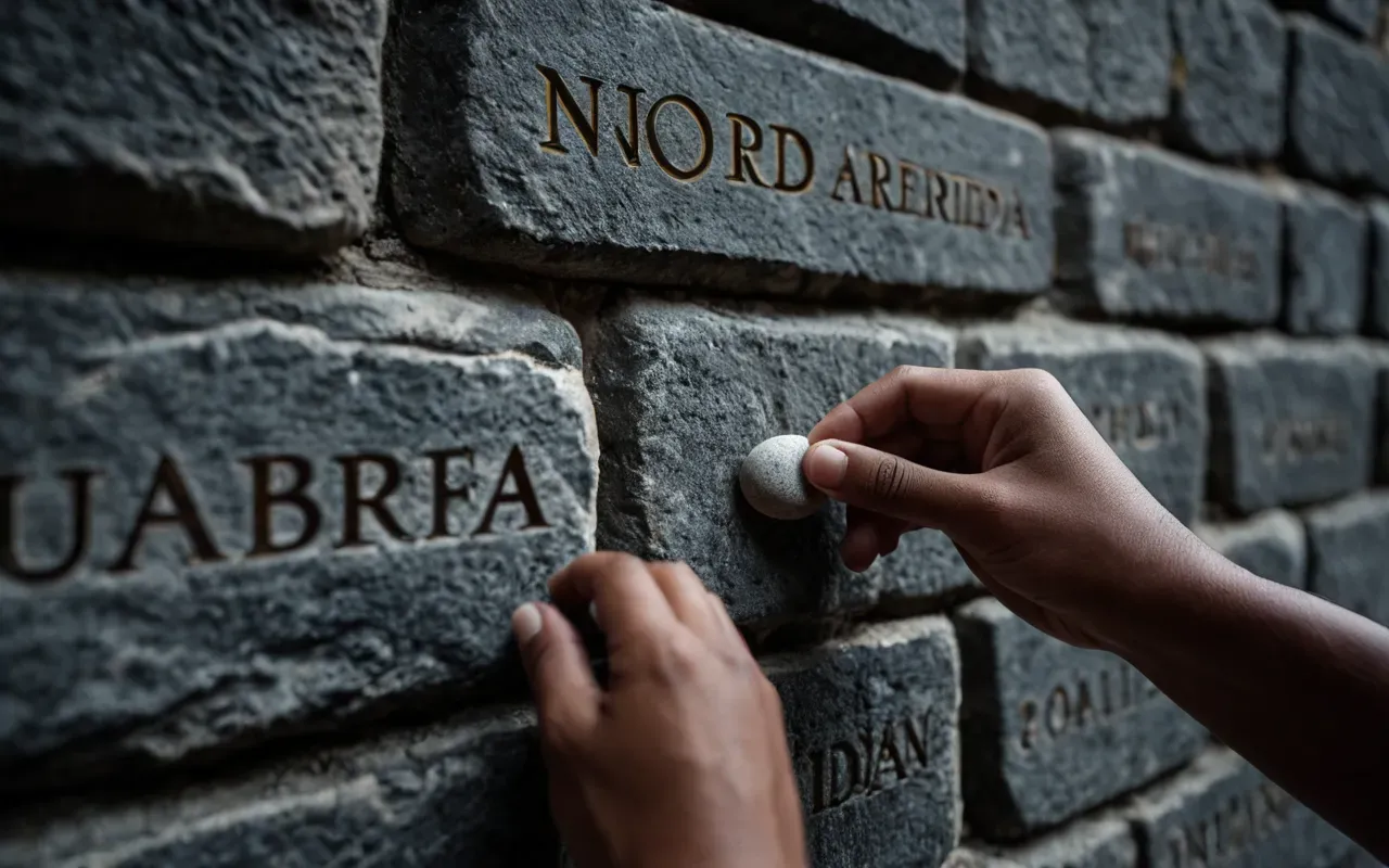 A hand carefully placing a small stone figure into the crack of an ancient stone wall. The lighting is dim and atmospheric, highlighting the texture of the rocks.