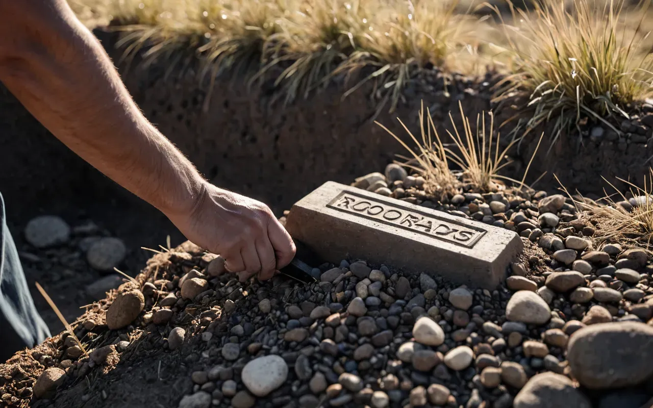A hand gently placing a flat stone scraper into a shallow earthen trench filled with small rocks and dried grass under soft morning light.
