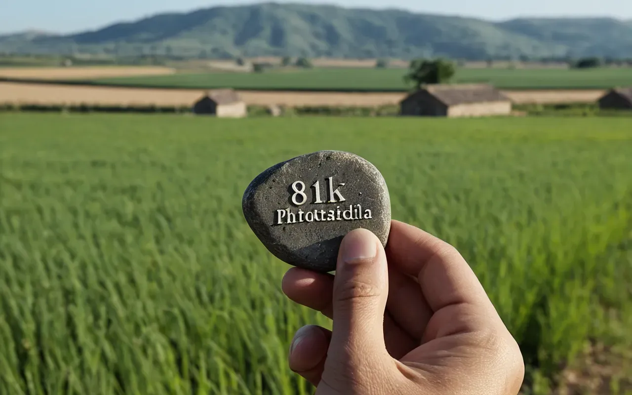 stone tools nature A hand holding a small polished stone tool against a blurred background of green fields and blue sky with soft natural lighting creating a serene mood editorial photography style close-up focus on texture