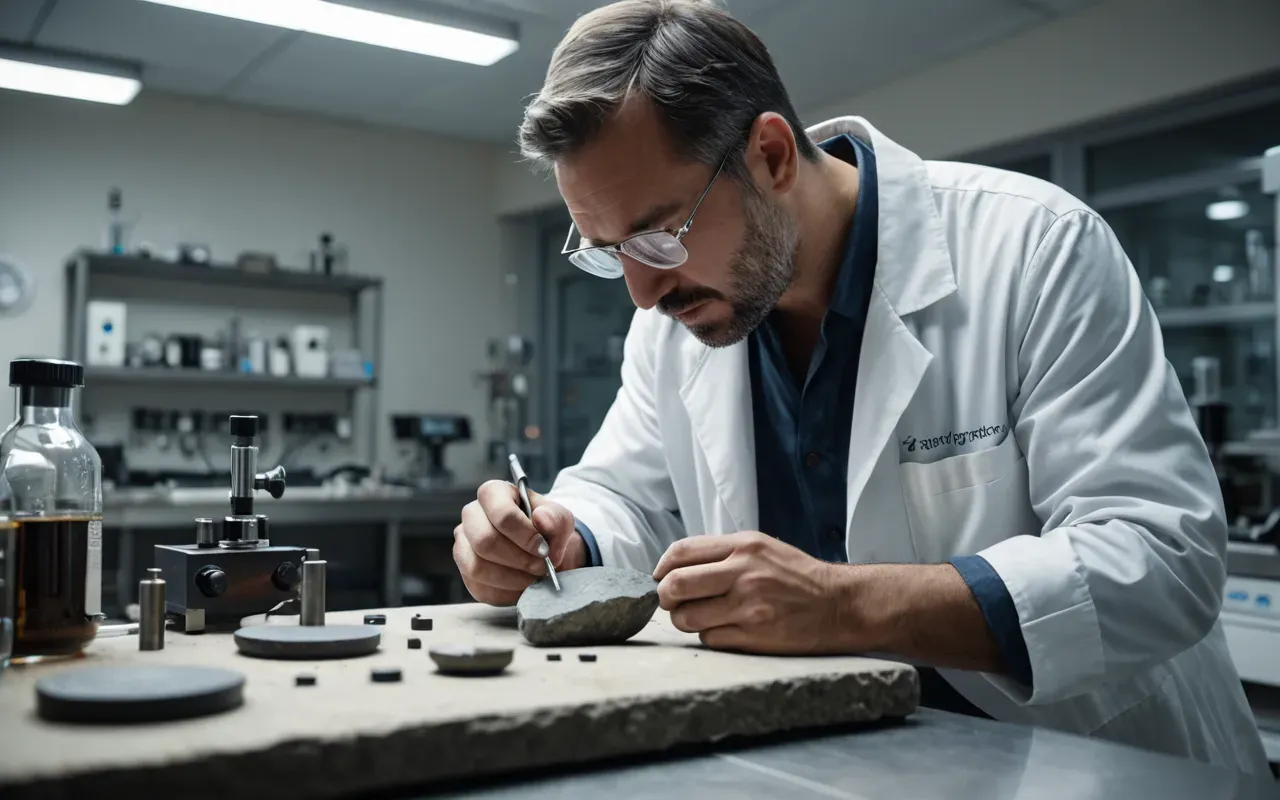 A modern engineer examining an ancient stone tool in a laboratory setting with bright clinical lighting and scientific instruments visible in the background