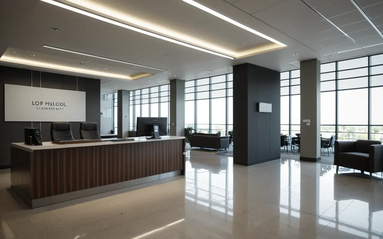 A modern office lobby with glass walls and polished floors where a single desk sits empty under bright overhead lighting creating a sense of quiet absence.