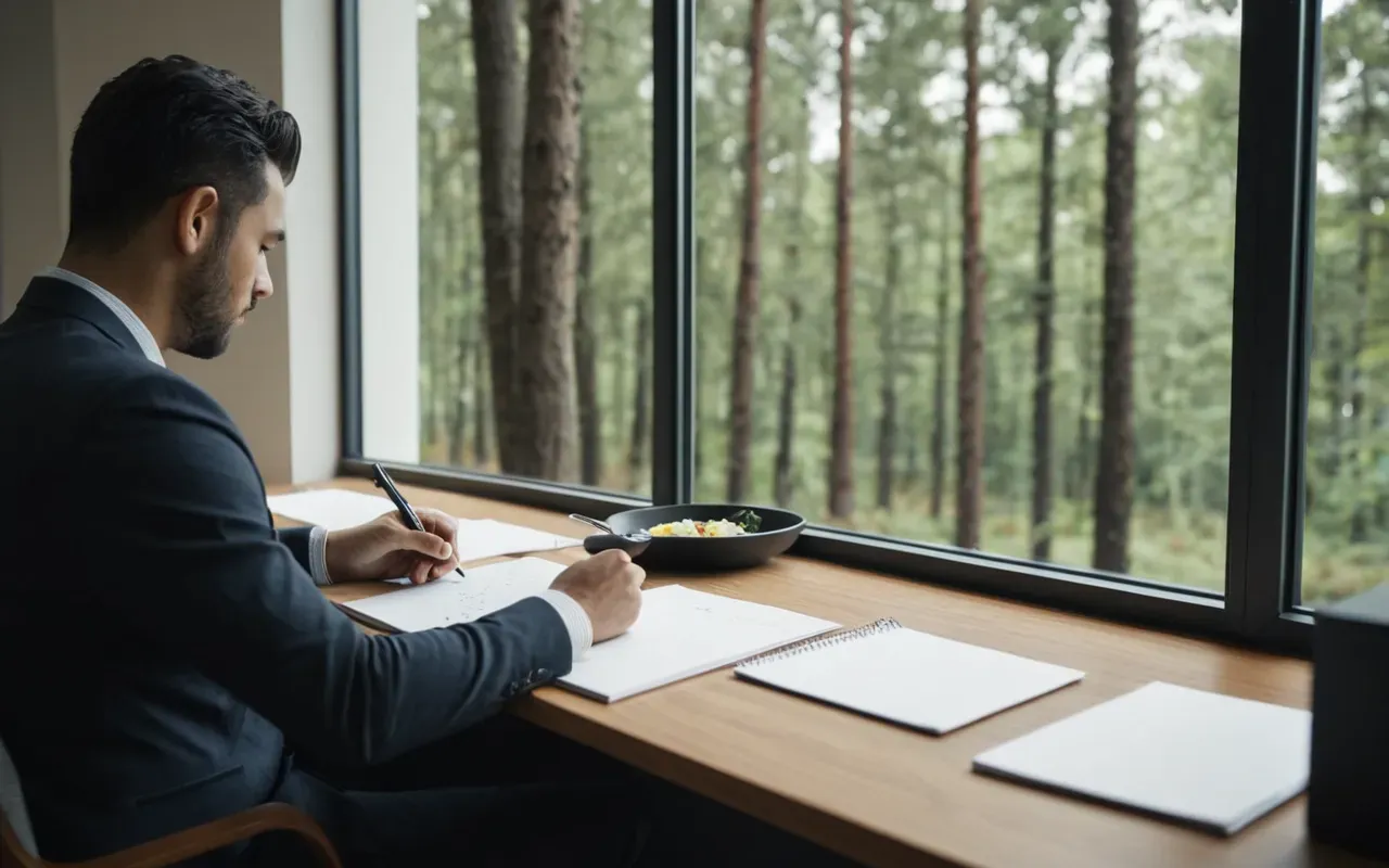 A modern office space with a desk and papers. A person is writing in a notebook near a window view of trees.