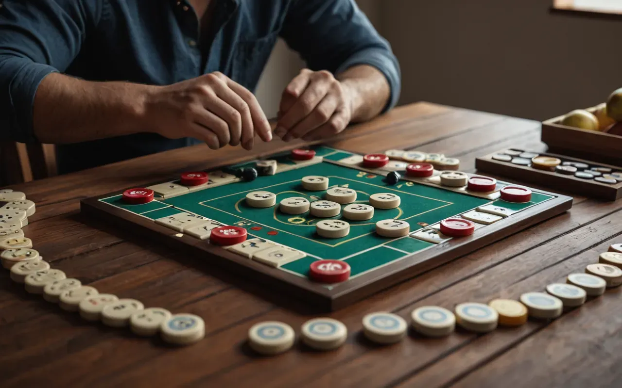 A modern person playing a board game on a wooden table, focused expression, soft indoor lighting, clean and modern setting, no text