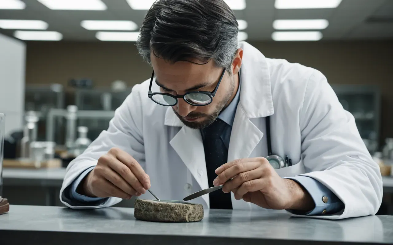 artifact examination process A person wearing a lab coat carefully examining an ancient stone artifact with a magnifying glass in a bright laboratory setting.