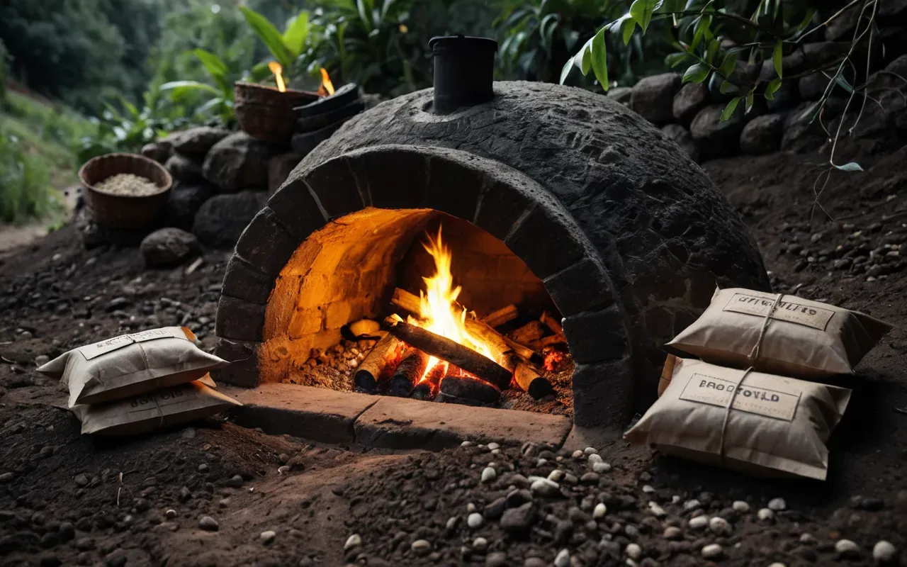 A photo-realistic view of a rustic earth pit oven with glowing hot rocks and leaf-wrapped food packages buried under soil in a dimly lit natural setting.