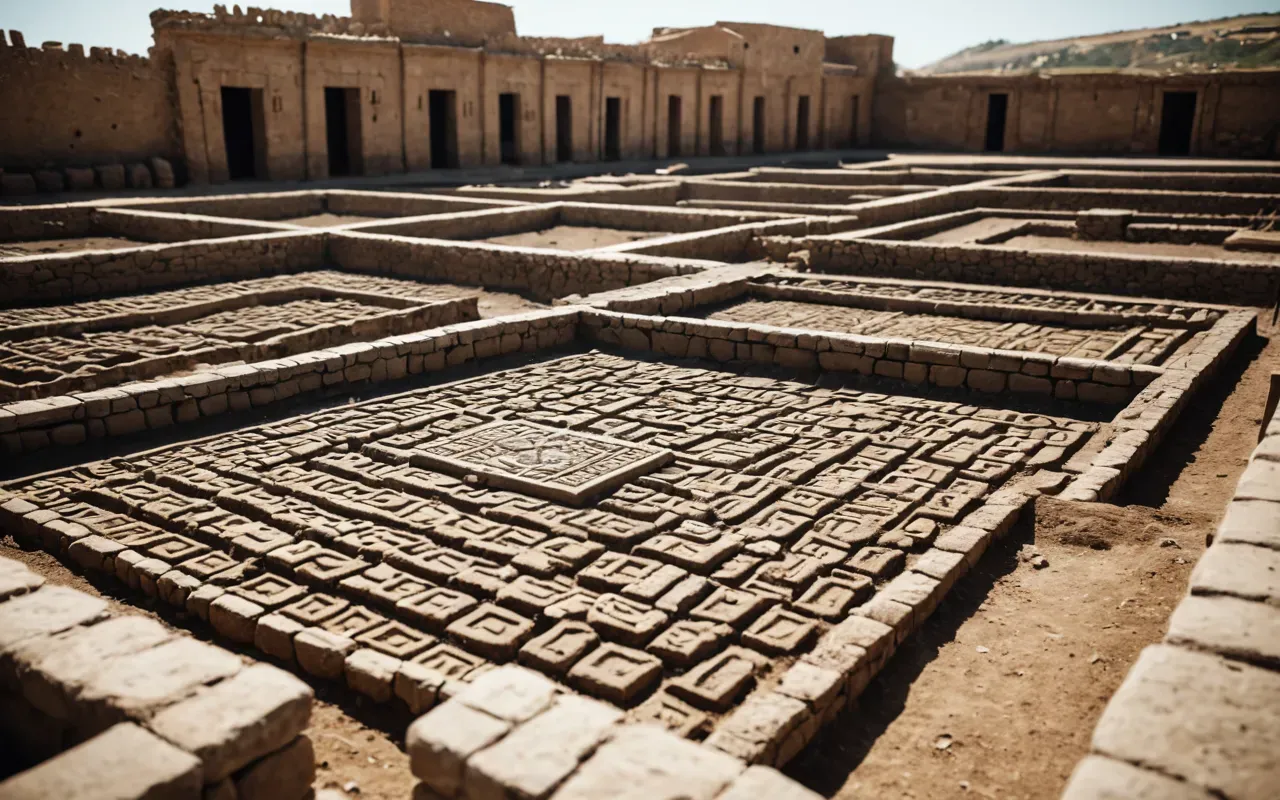 A realistic archaeological dig site with neat rows of excavated earth revealing foundations of ancient rectangular buildings. Bright daylight illuminates the trenches and scattered tools.