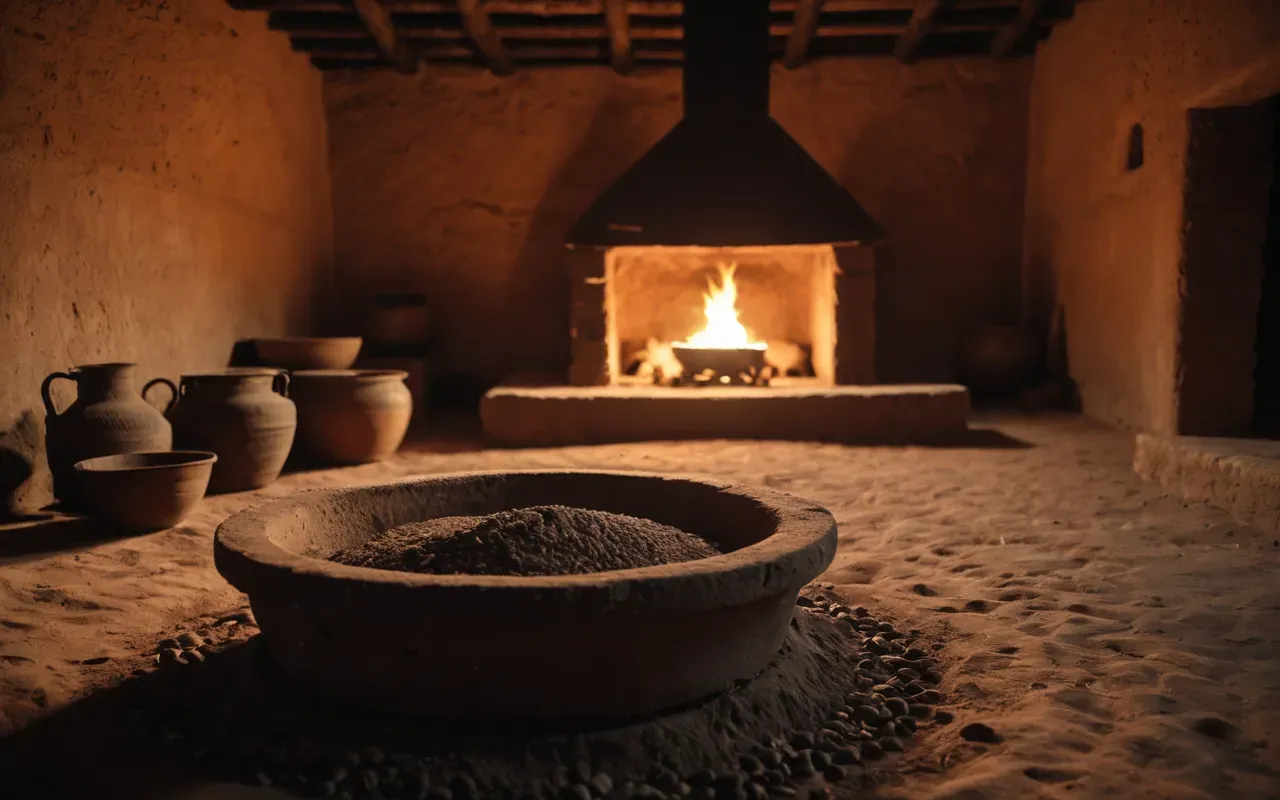 A realistic view of an ancient hearth pit in the floor of a reconstructed mud-brick room. Warm light glows from embers and simple clay vessels sit nearby.