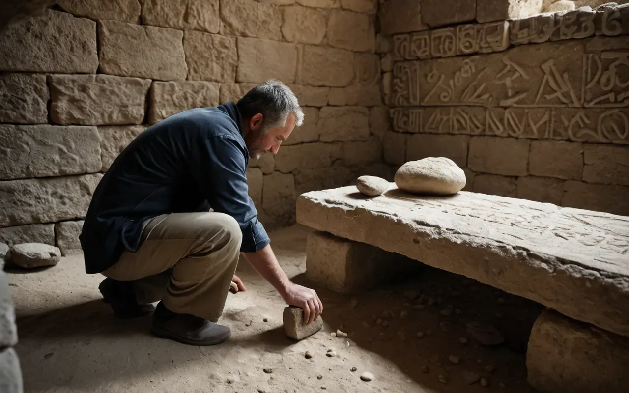 A realistic view of an archaeologist kneeling beside a small stone bench in an excavated room. Natural light falls across the textured surface of ancient limestone.