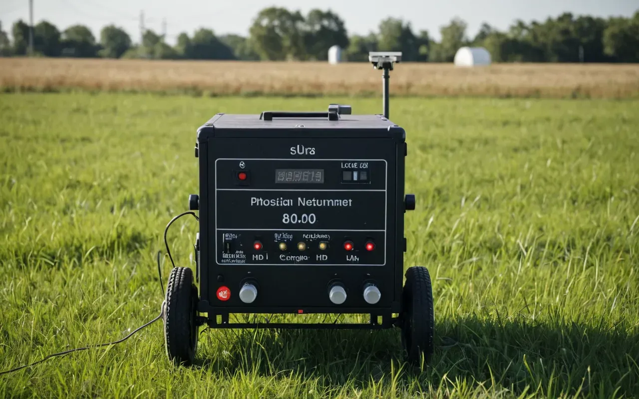 field survey equipment A researcher pushes a wheeled scientific instrument across an open grassy field under bright daylight. The device has multiple sensors and cables trailing behind it as it moves over the terrain.