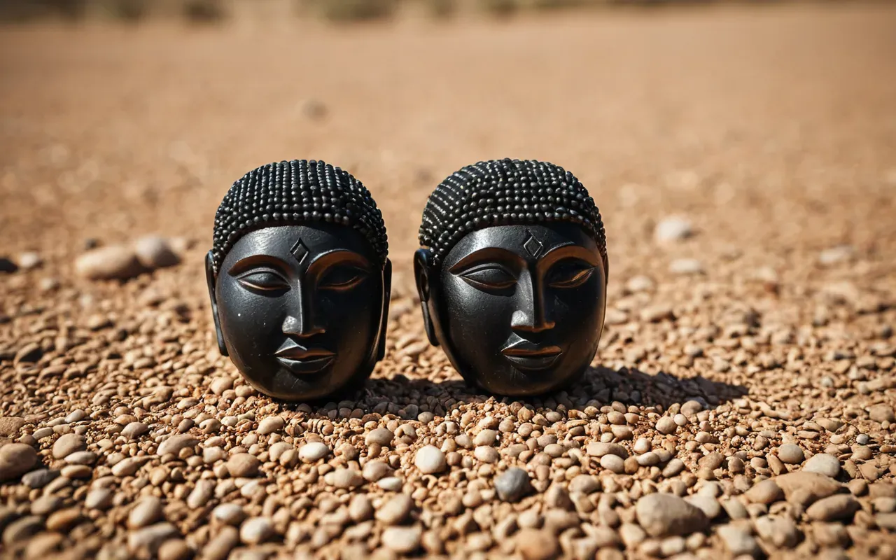 A small, smooth black stone bead with two distinct human faces carved on opposite sides. The bead rests on a flat surface of dry earth under bright daylight.
