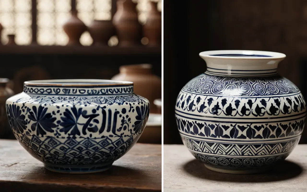 pottery style comparison A split-screen composition showing two distinct groups of ceramic vessels. On one side, the vessels feature varied and intricate patterns. On the other side, the vessels are plain and uniform in shape. The lighting is even and studio-like to clearly contrast the design differences without any text.