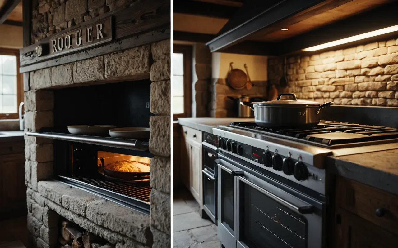 A split screen showing a modern electric oven on the left and a rustic stone pit oven on the right both emitting steam in a neutral kitchen setting.