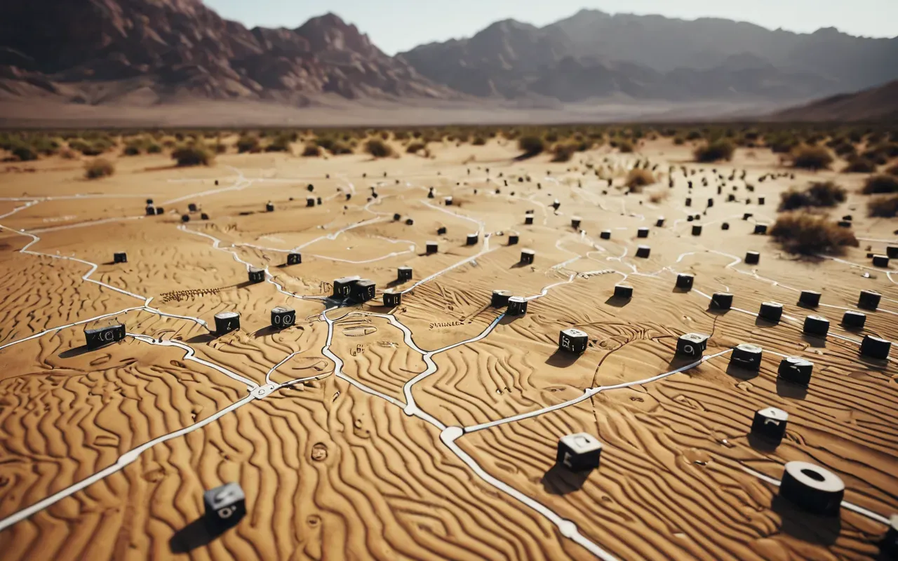 A stylized map showing dotted lines connecting an inland desert valley to a distant coastline, with abstract icons representing movement and trade routes, rendered in muted earth tones and blue.