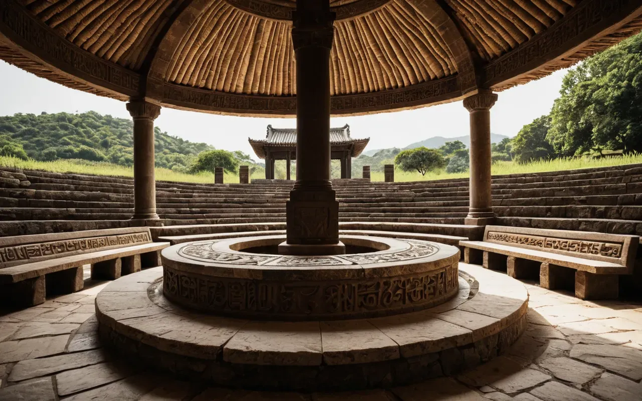 Neolithic amphitheater architecture A wide-angle shot of a circular stone structure with tiered benches curving inward toward a central carved sculpture. The lighting is warm and natural, highlighting the texture of the ancient stone.