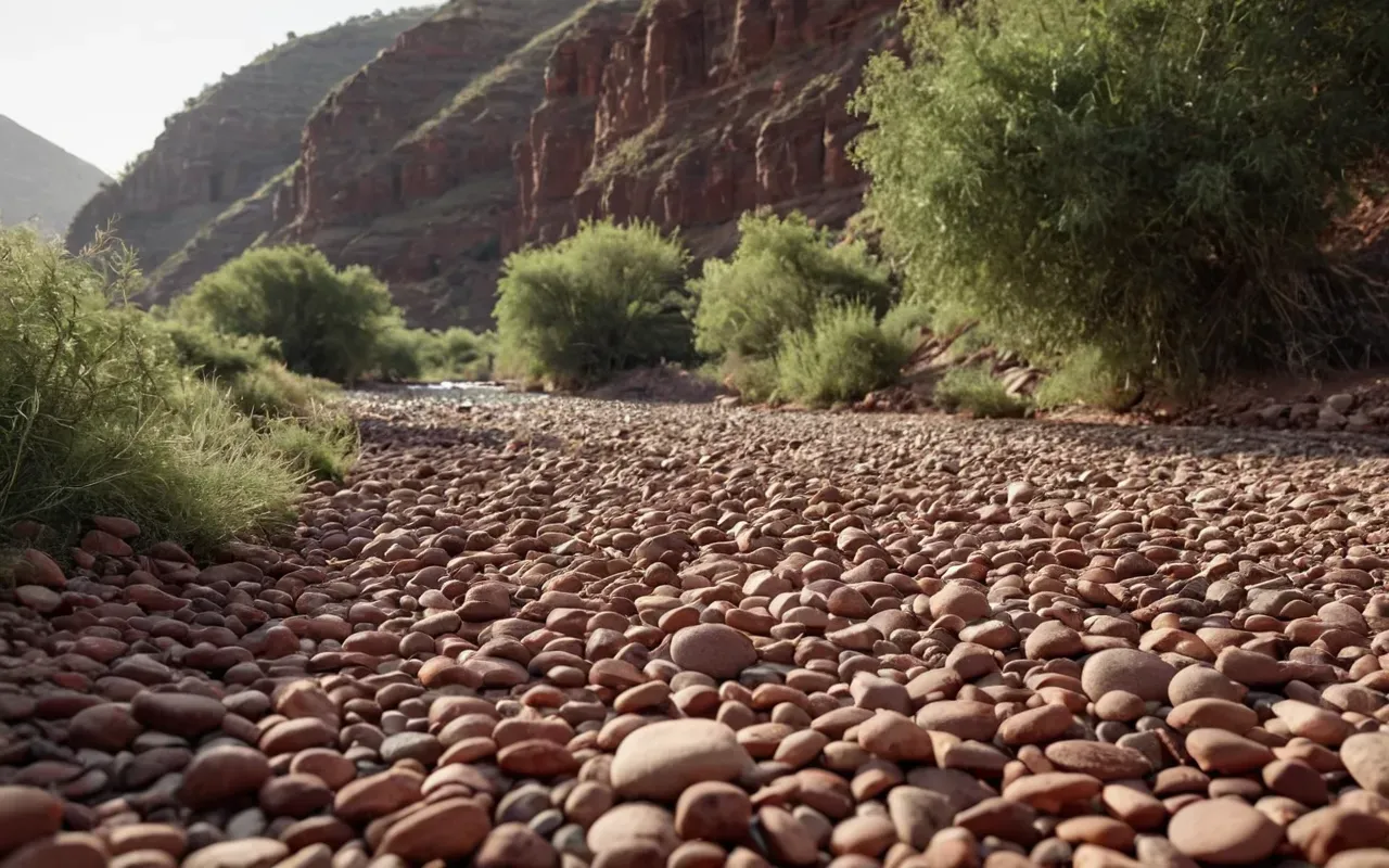 ancient wildfire archaeology A wide landscape view of a dry riverbed filled with smooth reddish stones and sparse green vegetation, bathed in soft morning sunlight, creating a peaceful and natural atmosphere without any human presence or structures.