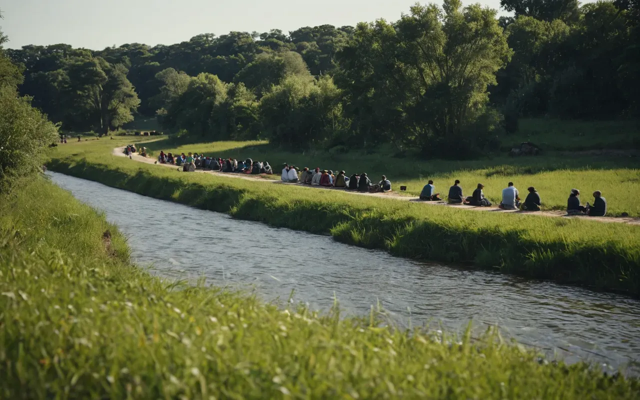 A wide shot of a calm shallow creek winding through green grassy banks with people sitting near the water edge in soft afternoon light without any visible structures.