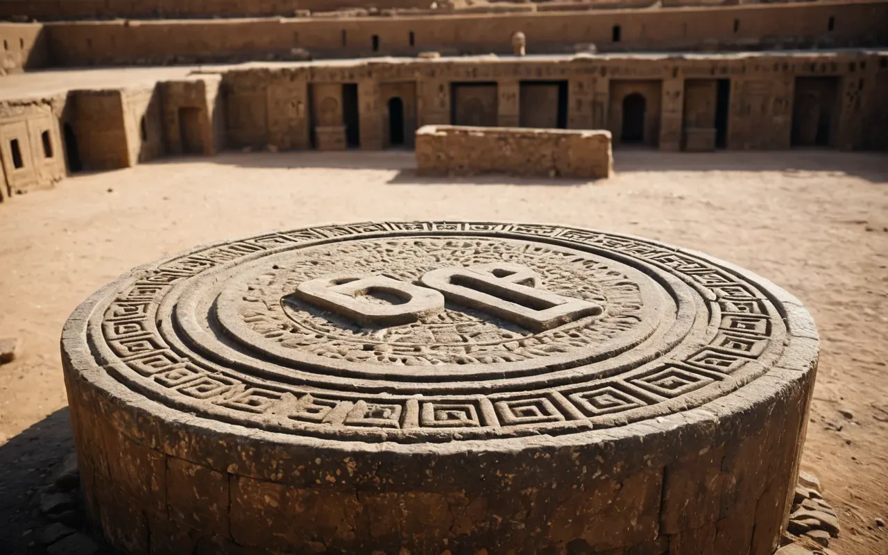 A wide shot of a large ancient stone grinding surface in an archaeological site with visible wear patterns and dust particles floating in the air under natural light