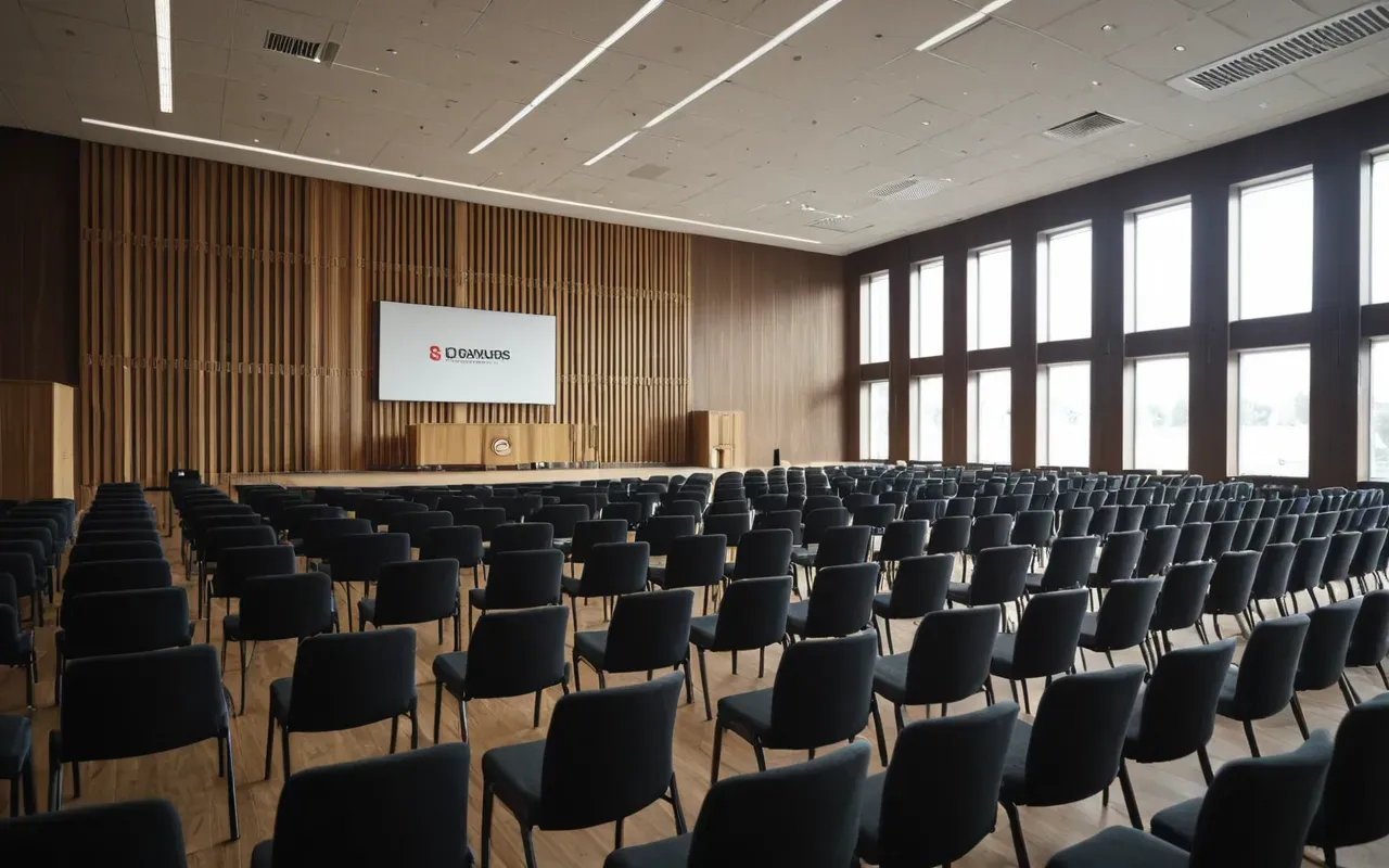 A wide shot of a modern conference hall with natural light streaming through large windows. Rows of empty chairs face a simple wooden stage. The atmosphere is quiet and anticipatory.