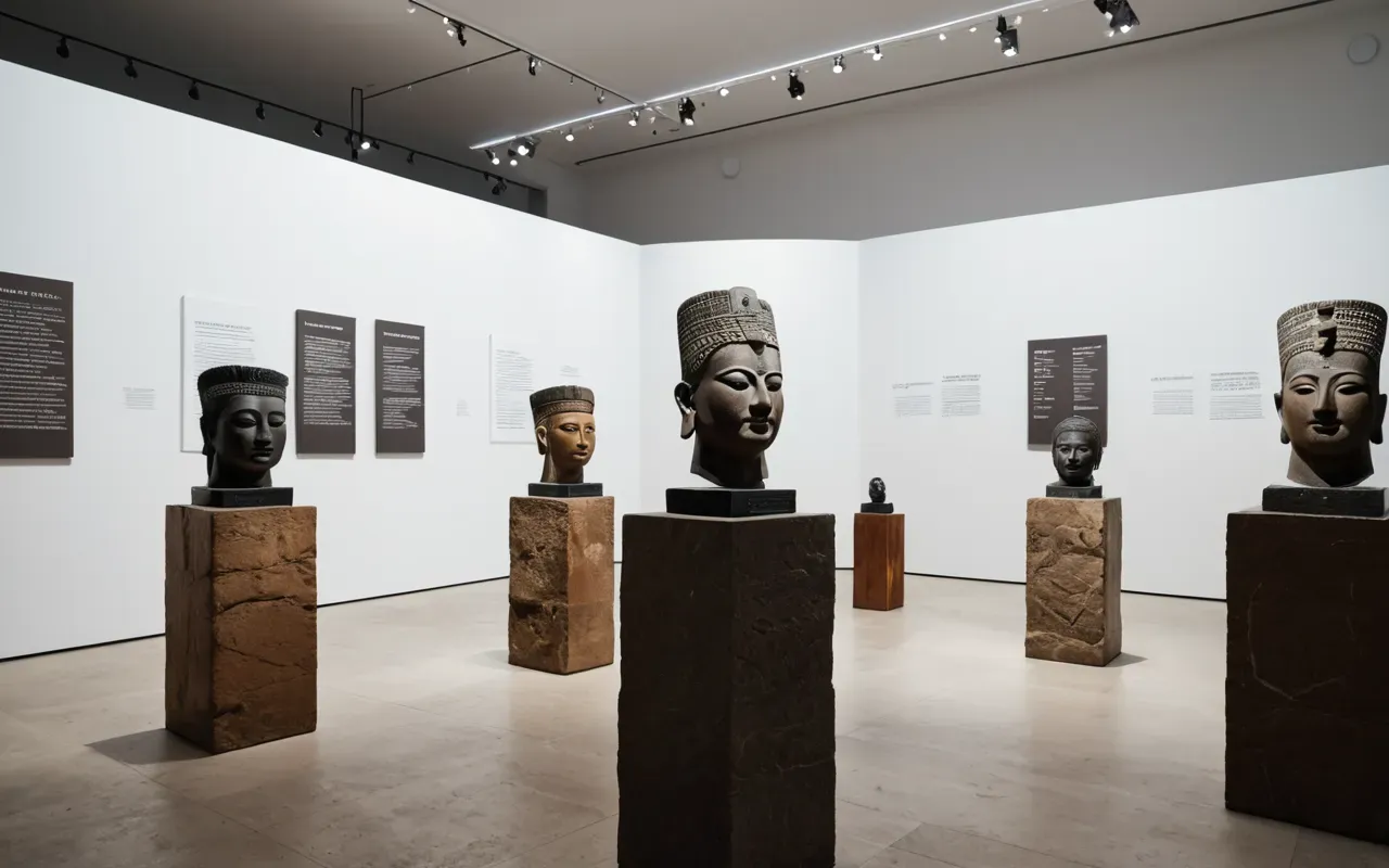 A wide shot of a modern museum exhibit with clean white walls and spotlights illuminating ancient stone artifacts arranged on wooden pedestals creating a stark contrast between past materials and present lighting design without any visible labels or text
