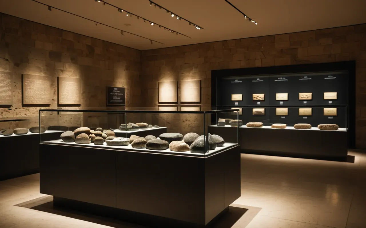 museum exhibit design A wide shot of a modern museum gallery with minimalist display cases containing ancient stone artifacts under warm ambient lighting.