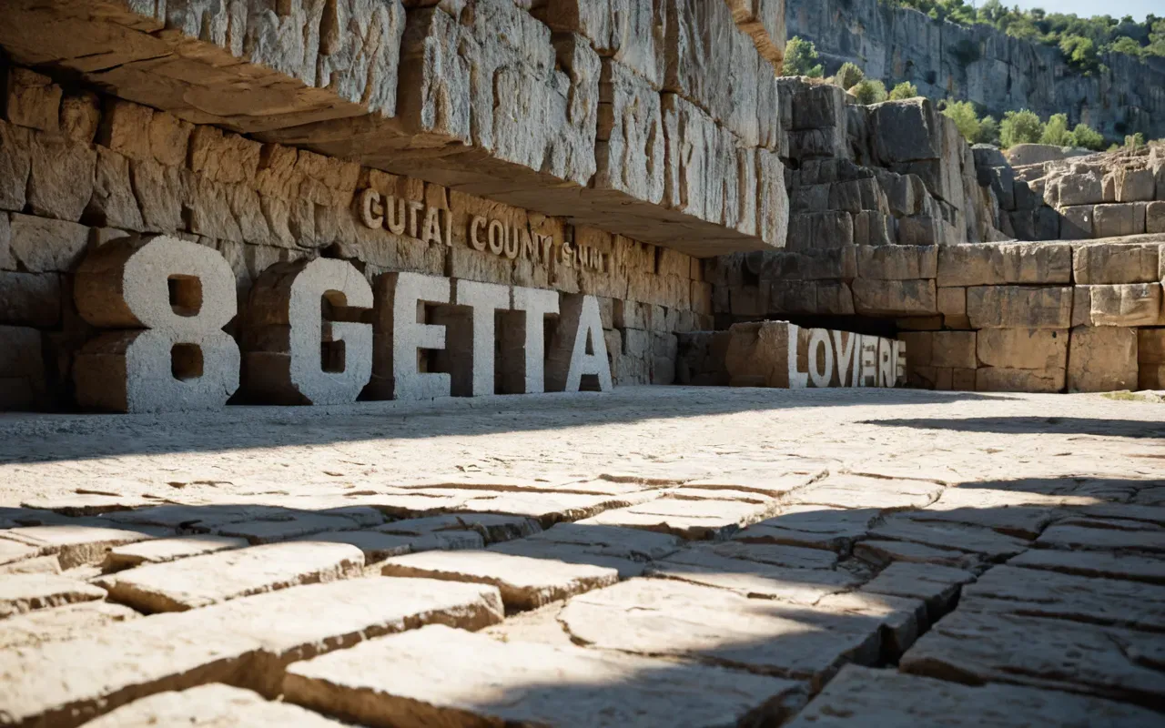 A wide shot of a sunlit limestone quarry area with deep rectangular cuts in the rock surface showing layered stone textures and natural shadows indicating ancient extraction methods without any modern tools or visible written markers nearby.