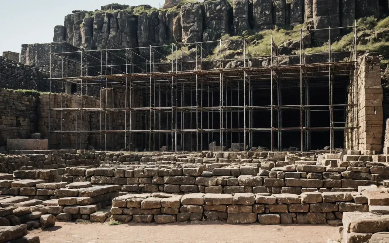 archaeological sites A wide shot of ancient stone ruins partially covered by modern construction scaffolding. The contrast between the old weathered rock and new metal structures is stark under a bright blue sky.