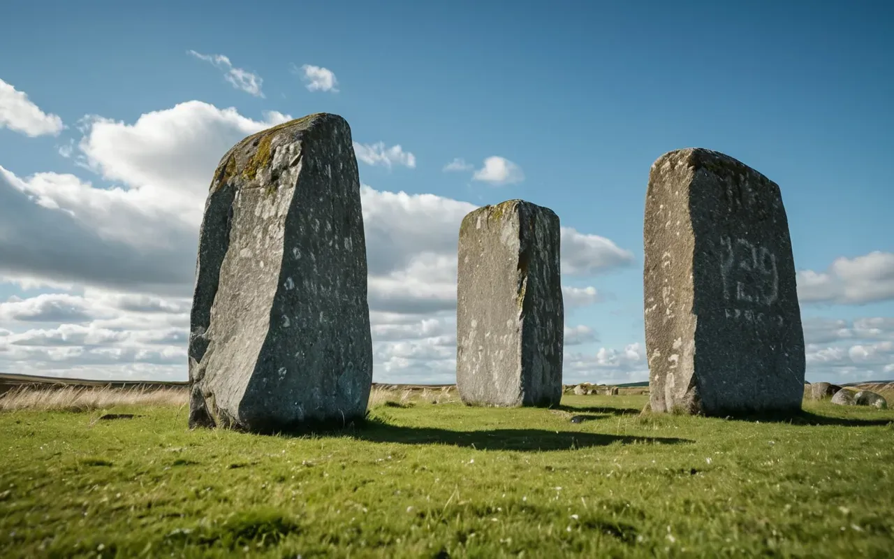 standing stones A wide shot of three massive grey standing stones rising from green grass under a bright blue sky with scattered white clouds and strong natural sunlight.