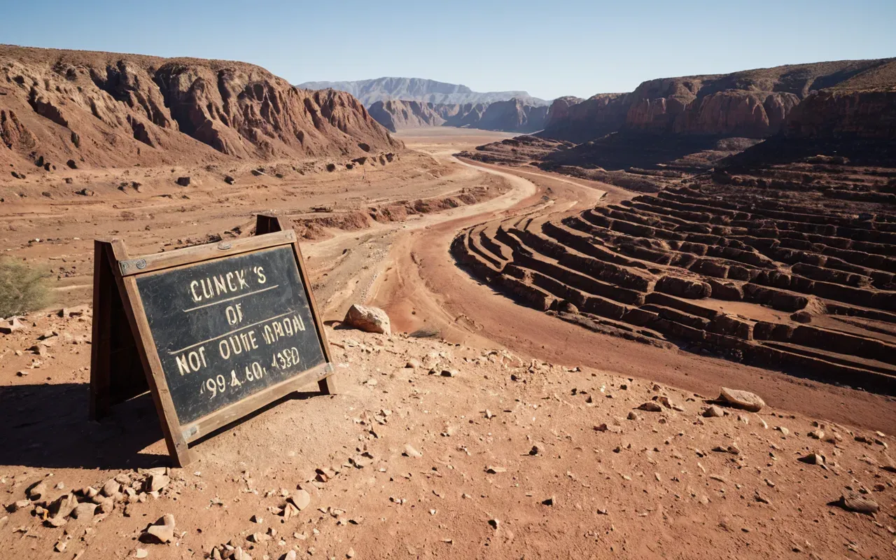 A wide, sun-drenched arid valley with reddish sand and scattered limestone rocks under a clear blue sky, viewed from a high vantage point, showing the harsh beauty of a desert landscape with no vegetation or modern structures.