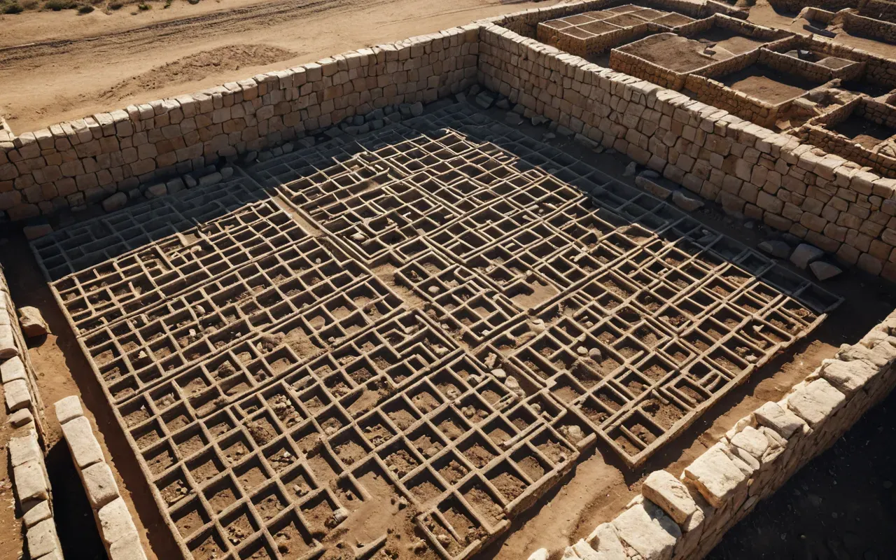 archaeological excavation site Aerial view of a modern archaeological excavation site with grid lines marking trenches and scattered artifacts under bright midday sun casting sharp shadows across the earth tones editorial photography style neutral perspective