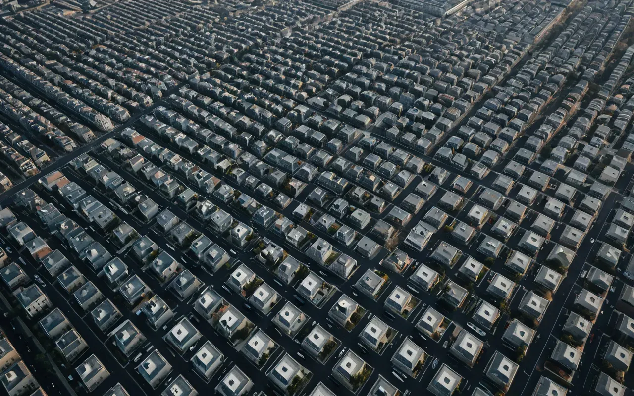 Aerial view of a modern minimalist city grid with straight streets and uniform buildings, soft daylight, clean lines, no text