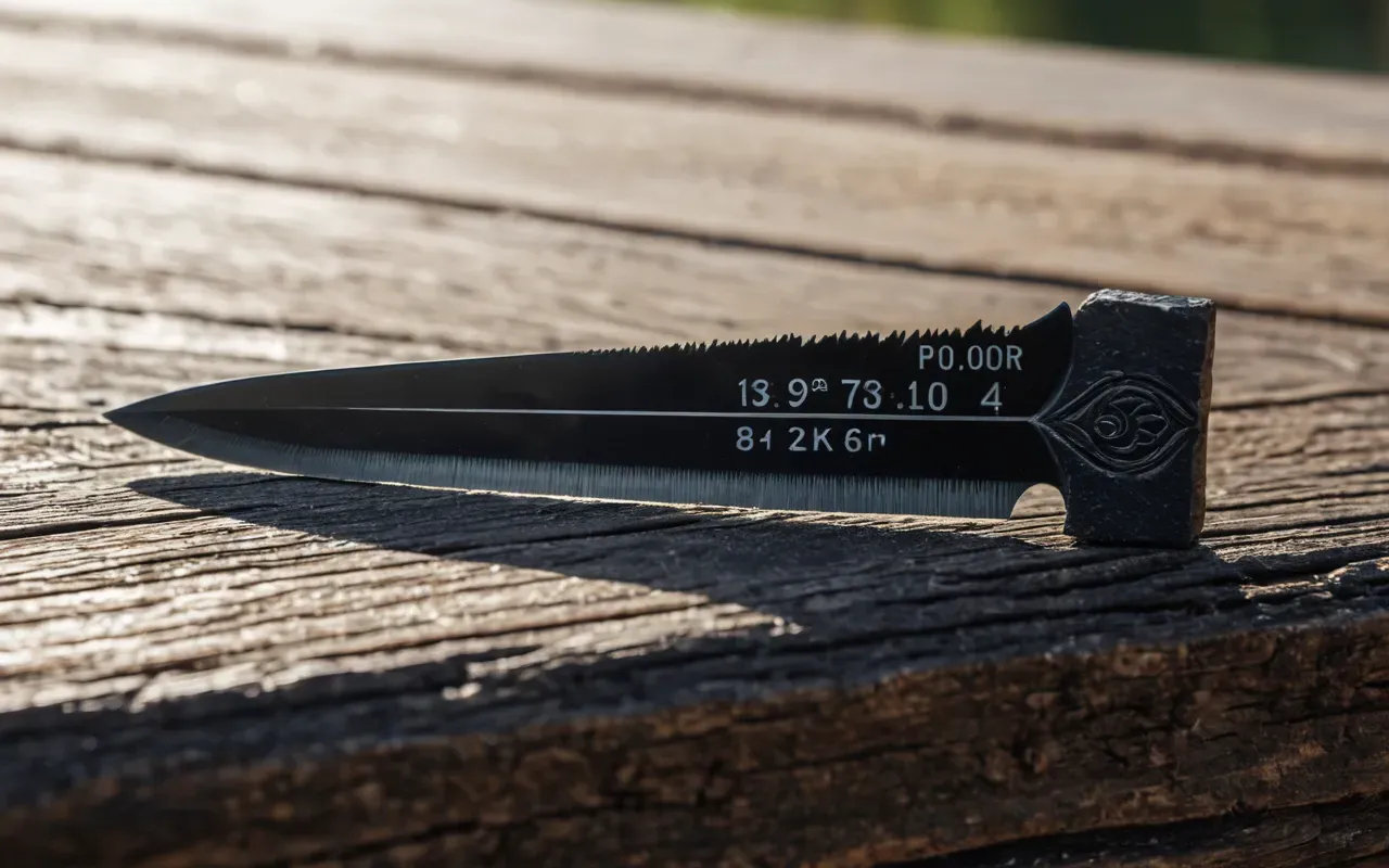 obsidian blade closeup Close up macro shot of a sharp obsidian blade resting on a rough wooden surface with natural light highlighting the glassy edge and texture details without any text or labels.