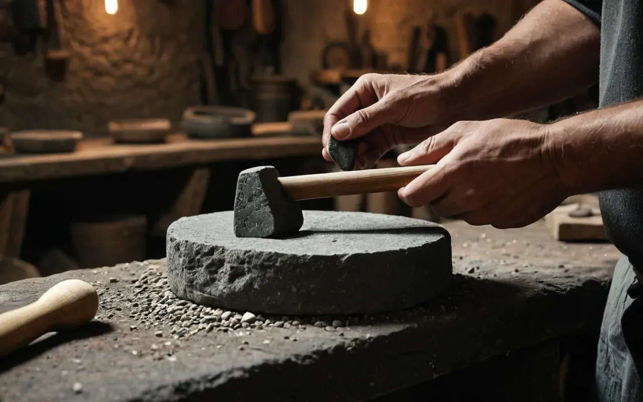 Close-up of a craftsman's hands shaping a grey stone tool with a wooden mallet in a dimly lit workshop, warm ambient lighting highlighting the texture of the rock and dust particles floating in the air