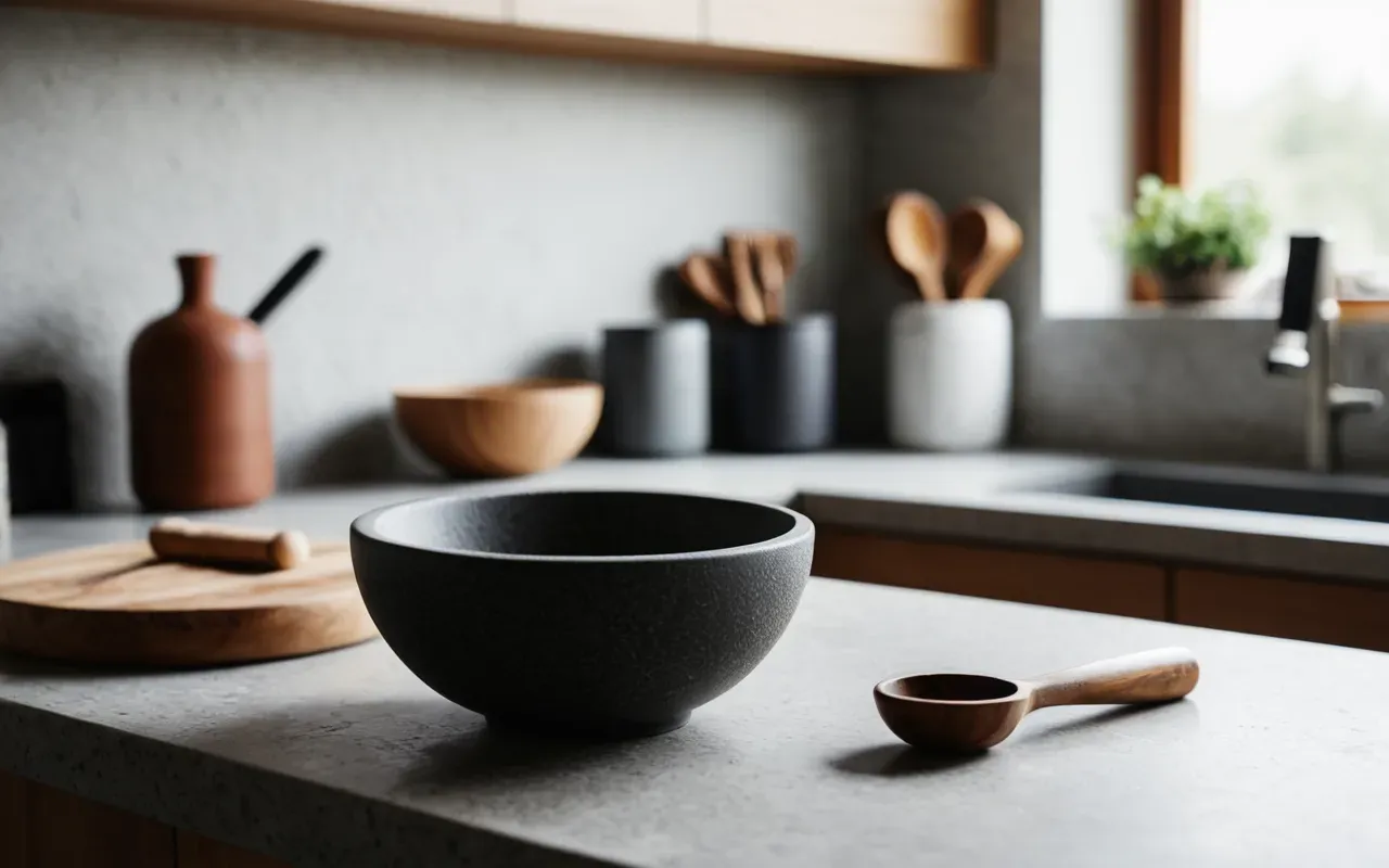 Close-up of a modern minimalist kitchen counter with a ceramic mortar and pestle, soft natural daylight, clean editorial style, no text