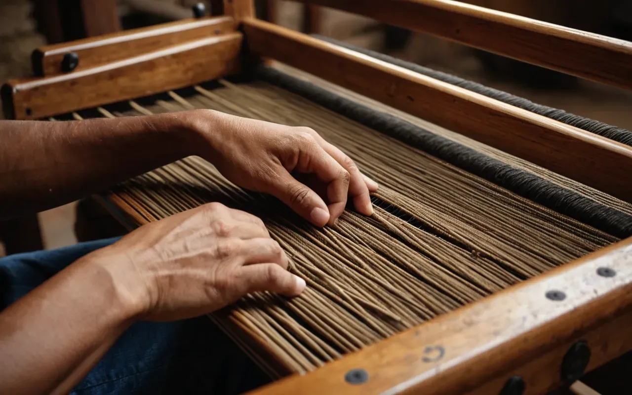 hands weaving natural fiber closeup Close up of hands twisting thick natural fibers on a wooden loom frame with warm indoor lighting highlighting the texture and motion without any text or labels.