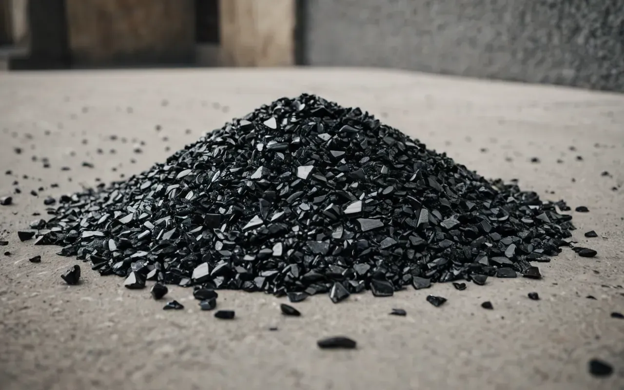 neolithic technologies Close-up of polished obsidian flakes arranged neatly on a concrete surface with soft diffused lighting and neutral tones in an editorial style.