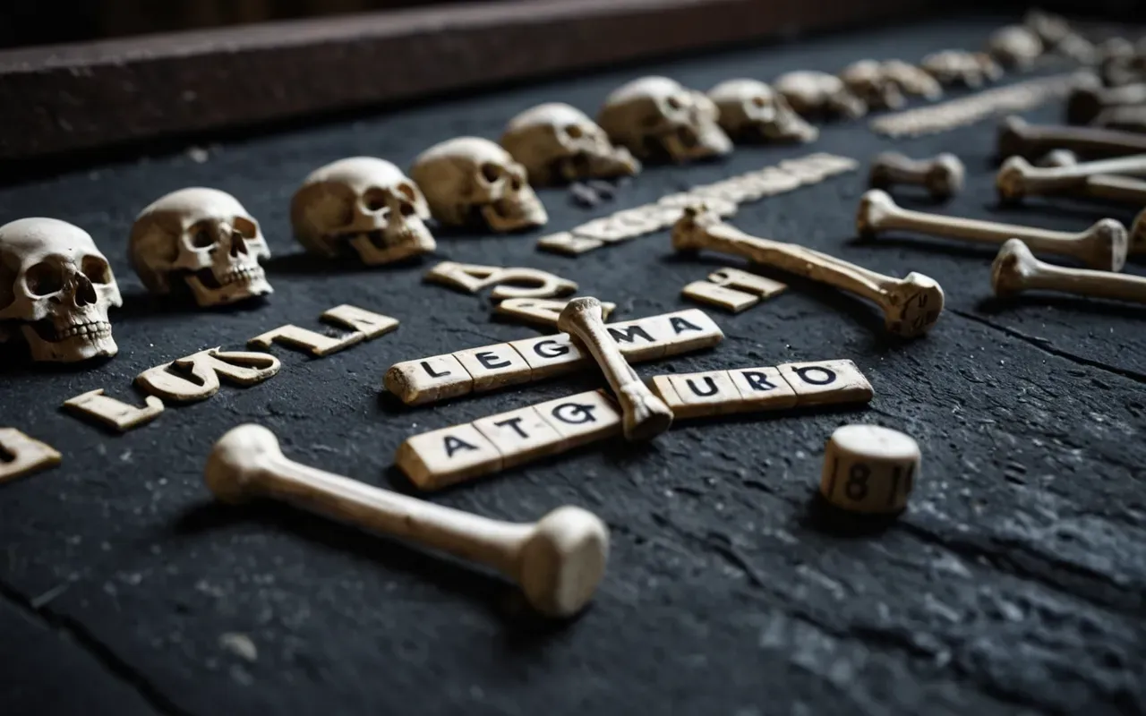 ancient remains Close up of weathered human bones arranged on a dark surface with soft focused lighting and shallow depth of field