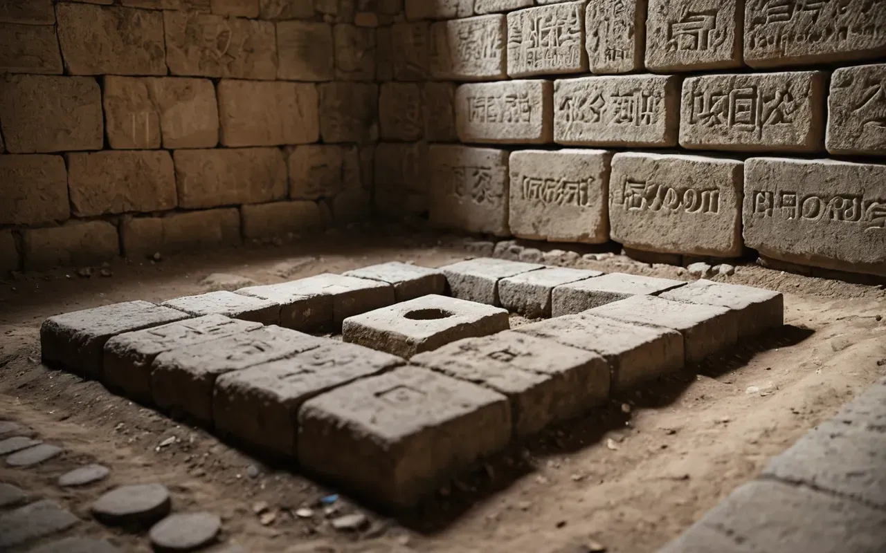 Close-up view of ancient stone foundations forming the corners of a rectangular room. Weathered limestone blocks sit in excavated soil with visible tool marks.
