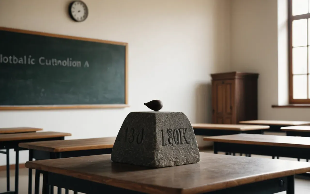 Interior of a modern classroom with wooden desks and a single stone artifact on a podium, soft natural light, clean and minimal, no text