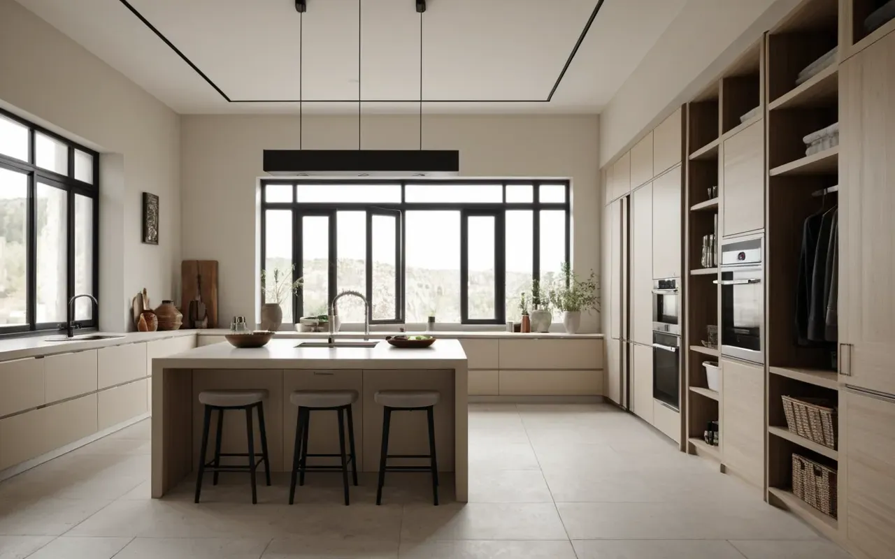 Interior view of a modern minimalist living space with high ceilings and neutral beige tones featuring clean lines and soft diffused light from large windows creating a serene atmosphere without any visible text or branding