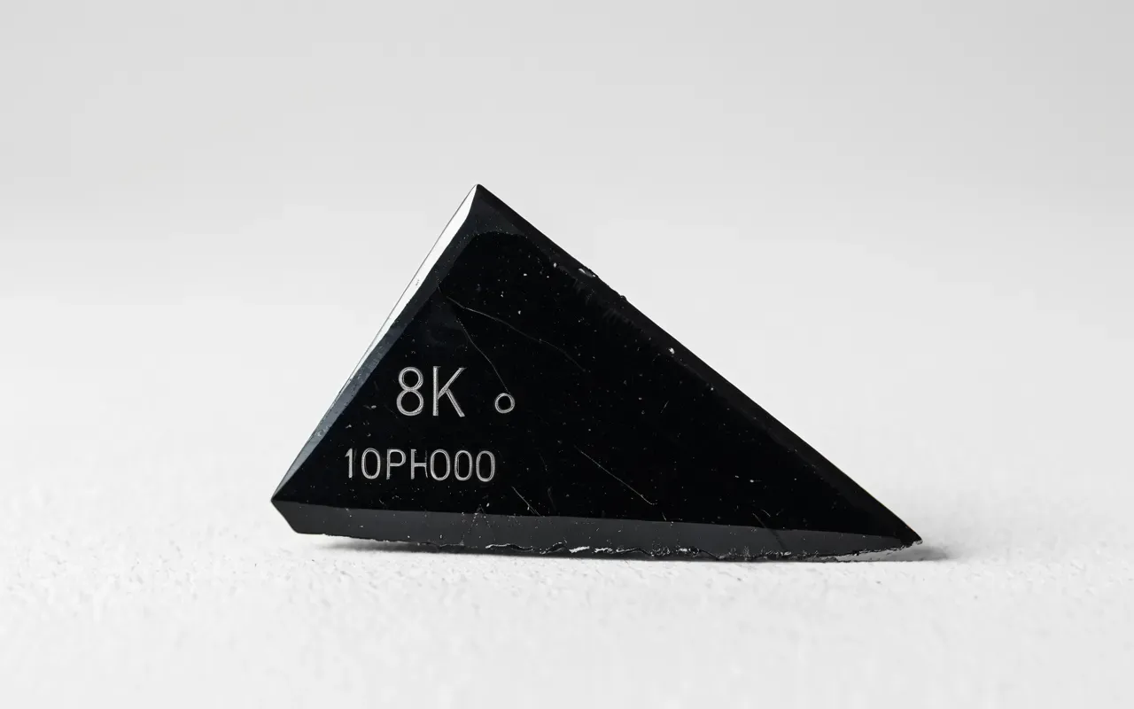 obsidian blade edge Macro photography of a sharp black obsidian blade tip reflecting light against a white background, high contrast detail shot.