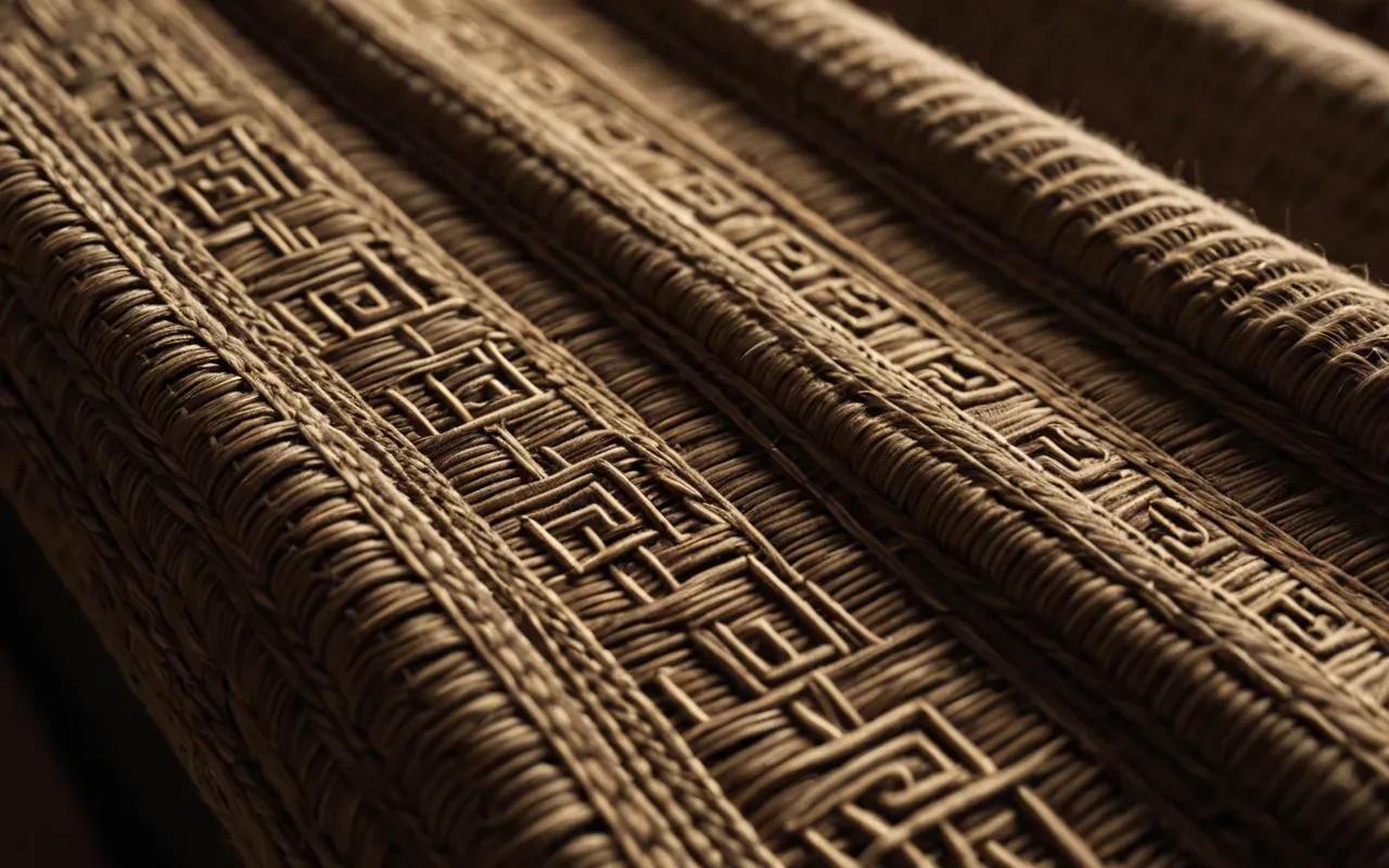 textile weaving patterns Macro shot of intricate woven fabric patterns in natural beige and brown tones with visible thread texture under warm directional light creating depth and shadow contrast editorial photography style clean background