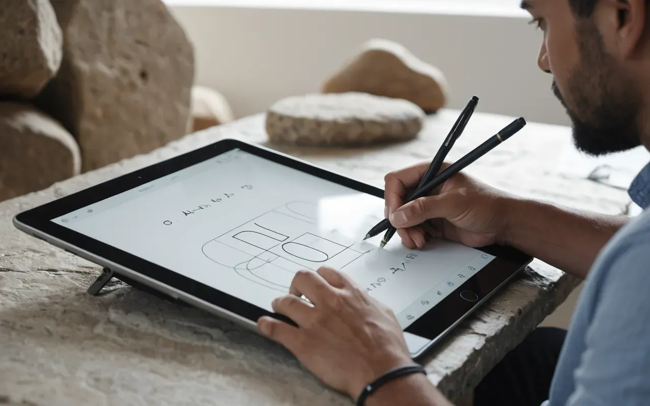 modern design meeting ancient tools Modern architect sketching on a tablet next to an ancient stone tool displayed in a clean minimalist office setting with soft natural light and neutral colors without any text.