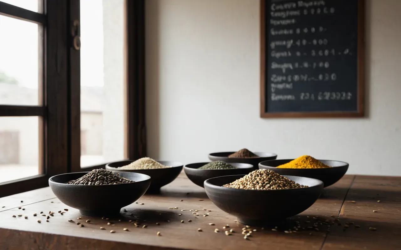 contemporary food storage Modern minimalist interior with wooden table and ceramic bowls containing grain seeds under soft window light