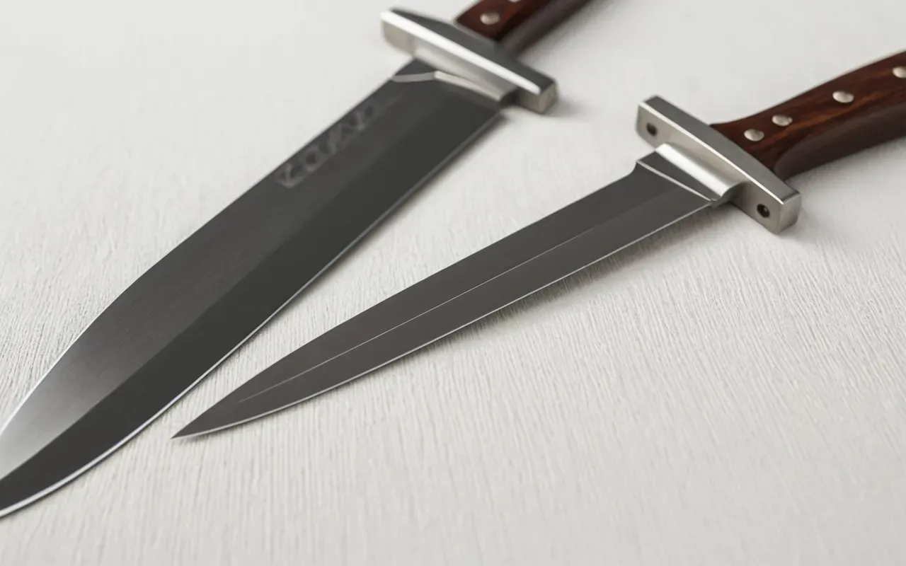 blade comparison split screen Split screen comparison showing a steel blade and a glass blade next to each other on a white background with soft shadows emphasizing the sharpness of edges without any text.