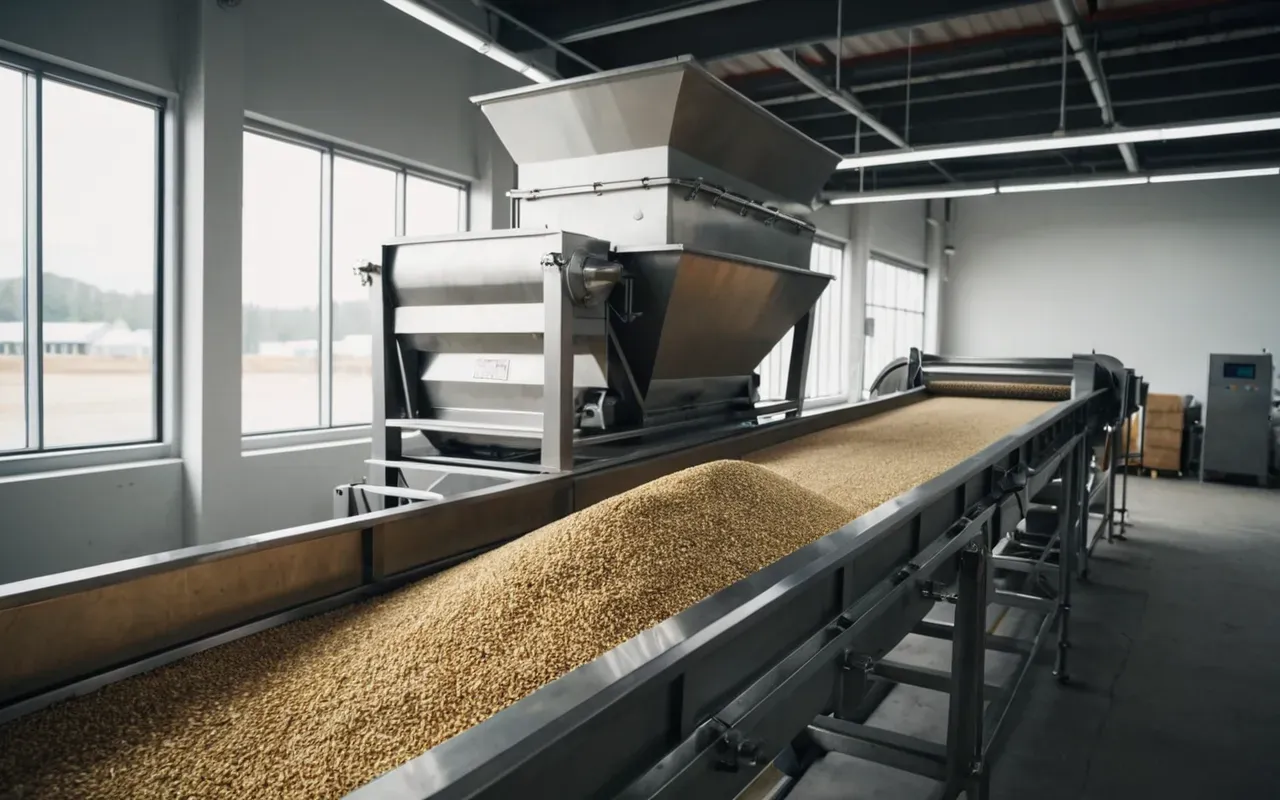 modern grain technology Wide shot of a modern industrial grain sorting machine with stainless steel hoppers and conveyor belts in a clean bright facility soft diffused lighting minimal shadows editorial style neutral colors no text visible