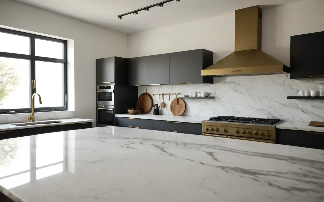early agriculture history Wide shot of a modern minimalist kitchen interior with marble countertops and brushed brass fixtures bathed in soft natural daylight.