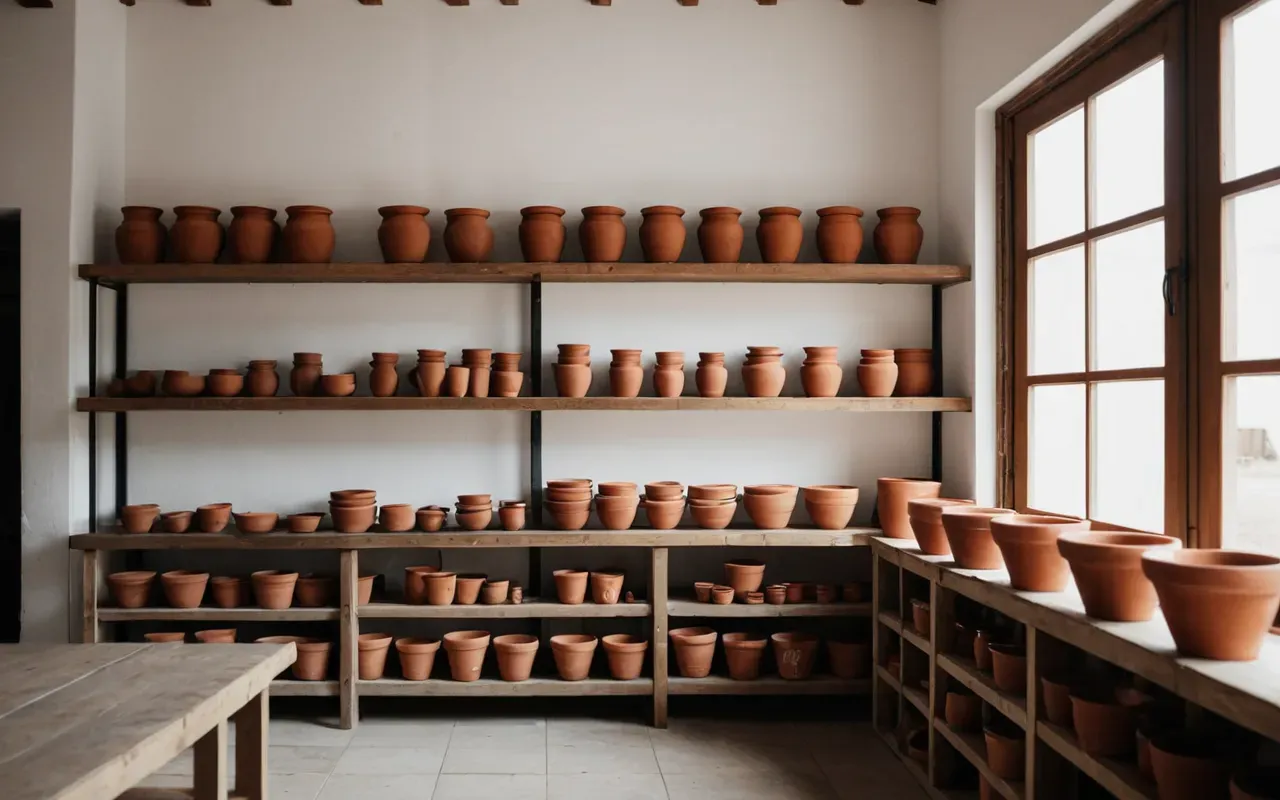 terracotta pottery display Wide shot of a modern minimalist workshop with terracotta pots arranged on wooden shelves, bright daylight streaming through large windows, clean composition.