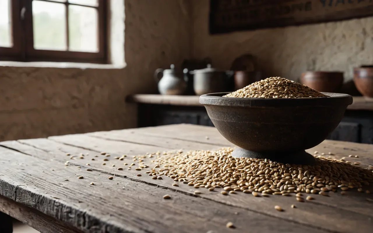 Wide shot of a rustic wooden table with scattered grains of wheat, a stone mortar, and soft morning light, clean composition, no text